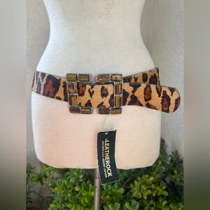 Leatherock glam belt leather leopard print buckle tiger eye stones Sz 36 NWT.